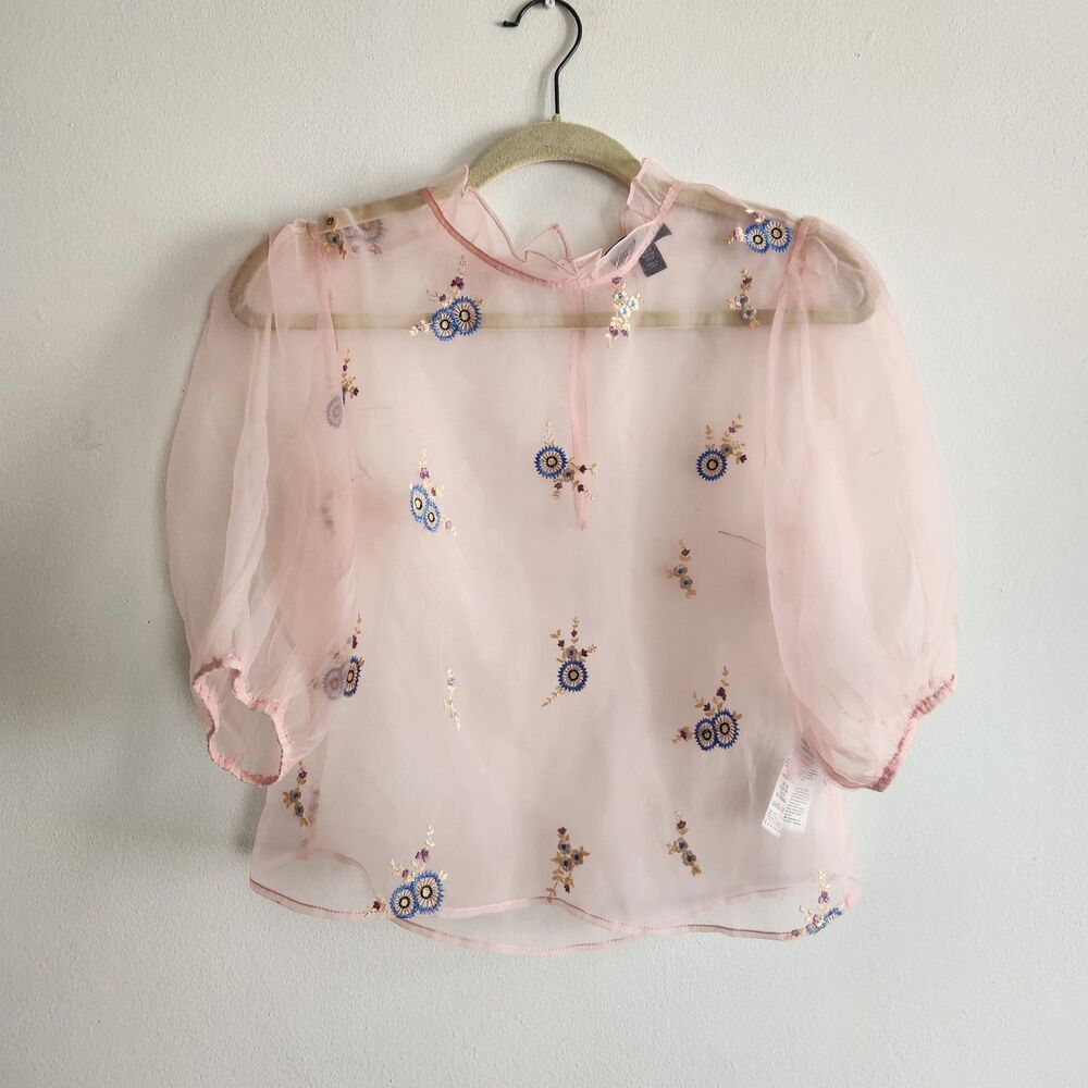 Topshop pink sheer organza embroidery floral 6 coquette balloon short‎ sleeves